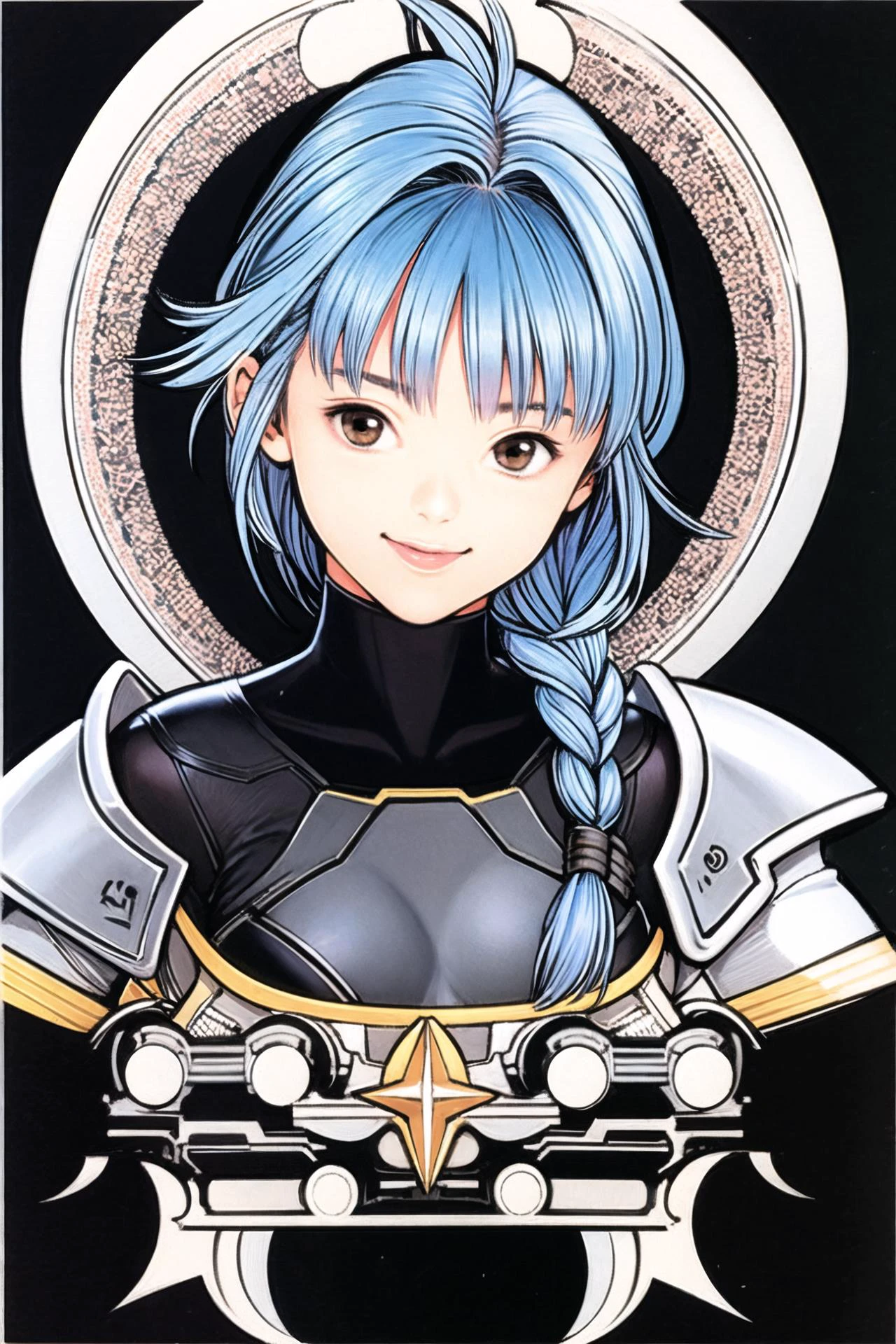 1girl, solo, braid, armor, blue hair, smile, brown eyes, looking at viewer, ahoge, upper body, short hair, breastplate, black background, bodysuit, bangs, <lora:guizhenghe_64:0.9>