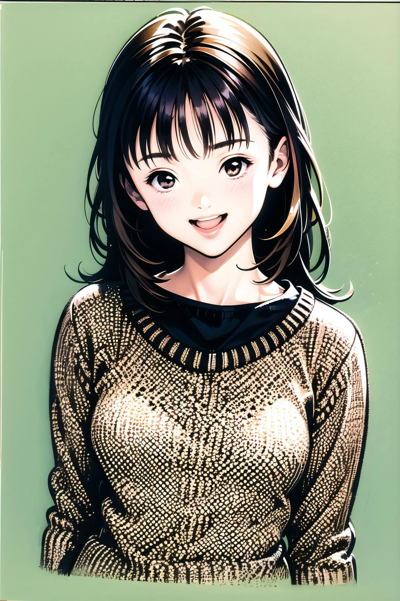 Yoshizuki iori, 1girl, solo, smile, brown hair, looking at viewer, brown eyes, open mouth, sweater, upper body, head tilt, :d, bangs, <lora:Katsura Masakazu_v3:0.9>