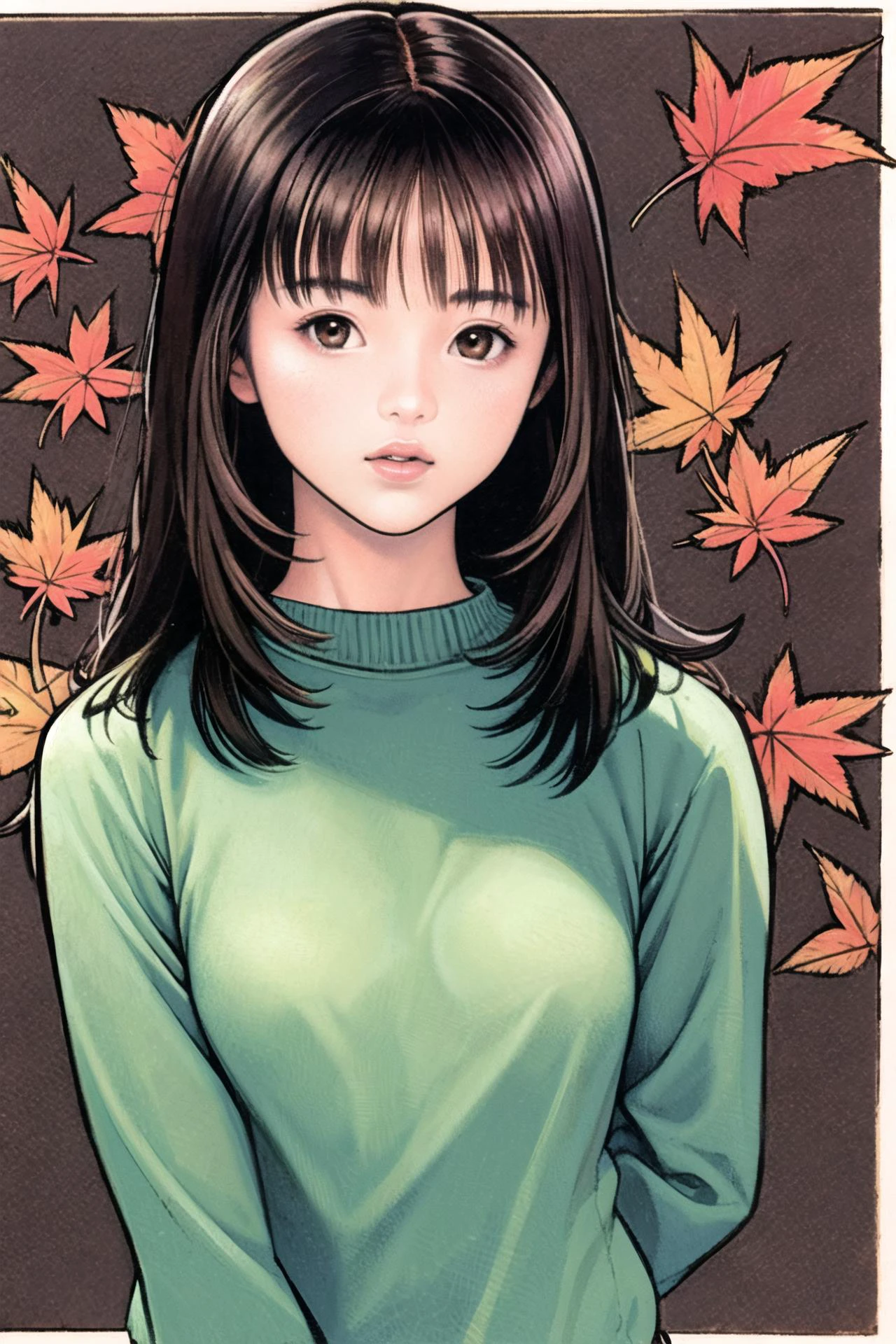 1girl, solo, brown hair, brown eyes, sweater, looking at viewer, leaf, upper body, long hair, long sleeves, sleeves past wrists, lips, parted lips, bangs, autumn leaves, traditional media, maple leaf, <lora:guizhenghe_64:0.8>