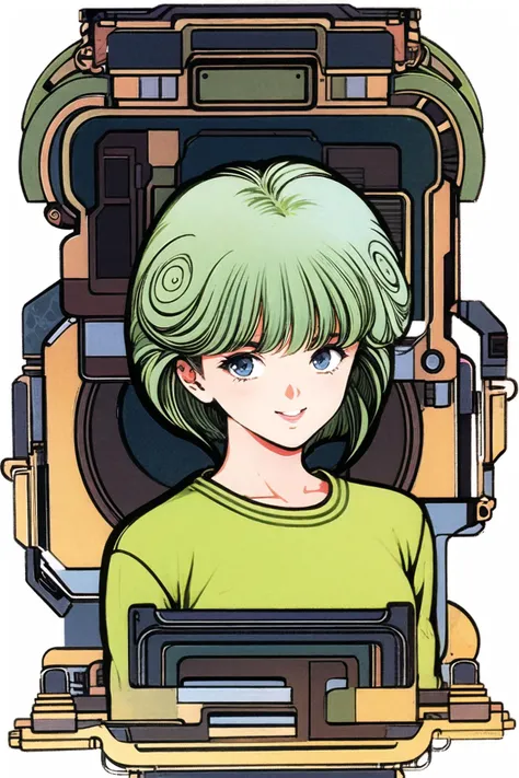 1girl, solo, short hair, green hair, retro artstyle, blue eyes, smile, upper body, 1980s (style), looking at viewer, bangs, blonde hair, <lora:guizhenghe_64:0.8>