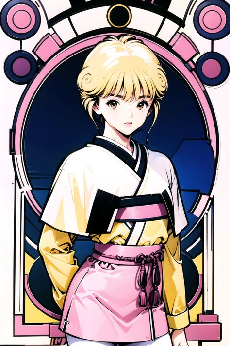 Ai Amano, 1girl, solo, short hair, brown eyes, blonde hair, looking at viewer, long sleeves, retro artstyle, yellow short kimono white pantyhose white capelet pink obi pink bow, <lora:Katsura Masakazu_v3:0.9>