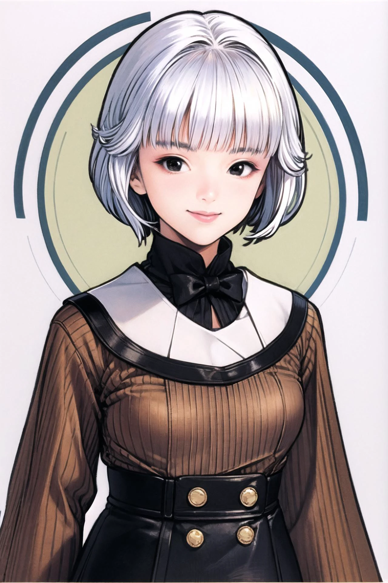 1girl, solo, white hair, smile, bangs, bow, looking at viewer, short hair, curly hair,blunt bangs,upper body, white background, black eyes, makeup, <lora:guizhenghe_64:0.8>