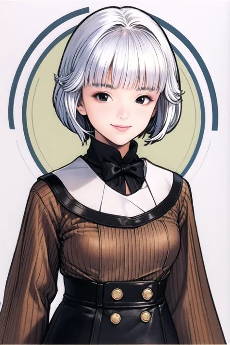 1girl, solo, white hair, smile, bangs, bow, looking at viewer, short hair, curly hair,blunt bangs,upper body, white background, black eyes, makeup, <lora:guizhenghe_64:0.8>