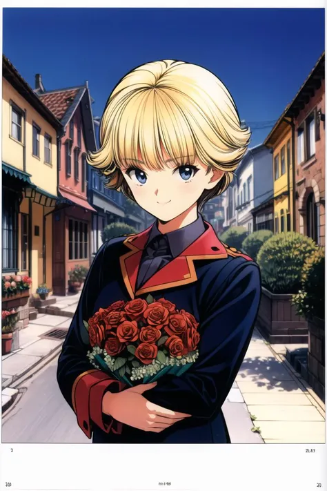 a young beautiful teenage girl ,(wearing a bouquet of roses:1.3), waiting in a lonely street, (little coastal village of south europe:1.2), blocks of flats, (western village:1.5), at night , manga style , best quality, ultra high res, western fashion, school uniform , )<lora:add_detail:0.5> ,add detail, (western signs:1), (western buildings:1.5), brown tiled roofs, medium breasts, coastal, <lora:Katsura_Masakazu_v20:0.7> KATSURA MASAKAZIU, SHORT HAIR, BLONDE HAIR, retro artstyle, blue eyes, smile, upper body, 1980s (style)