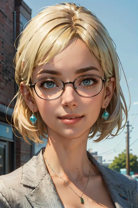 blonde hair, face with smile, nude Refined Pussyathletic body, very detailed green eyes, face with well-defined chin,、hero with glasses、white coat worn by scientist、standing alone、There is also a researcher、athletic body, there are scientists、athletic body nuGraduate、trunk、highest quality、artwork、ultra high resolution、(Photoreal: 1.4)] in 8K, game poster
