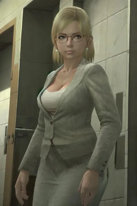 busty:, rubio, businesswoman, (neckline:1.2), glasses, collar, 
(Masterpiece),
film grain, analogous thing, (foggy and dusty atmosphere), In an elevator, sincerely waiting,  visible upper body, cheered up