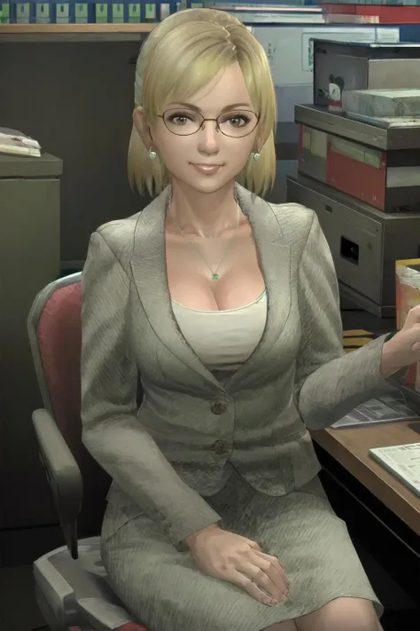 (Masterpiece:1.2), (best quality:1.2), intricate details, ultra detailed, 1girl, solo, <lora:Jessica McCarney:0.8>, JessicaMcCarney, blonde hair, short hair, glasses, jewelry, earrings, necklace, breasts, cleavage, jacket, skirt, suit, cowboy shot, light smile, looking at viewer, office chair, sitting,