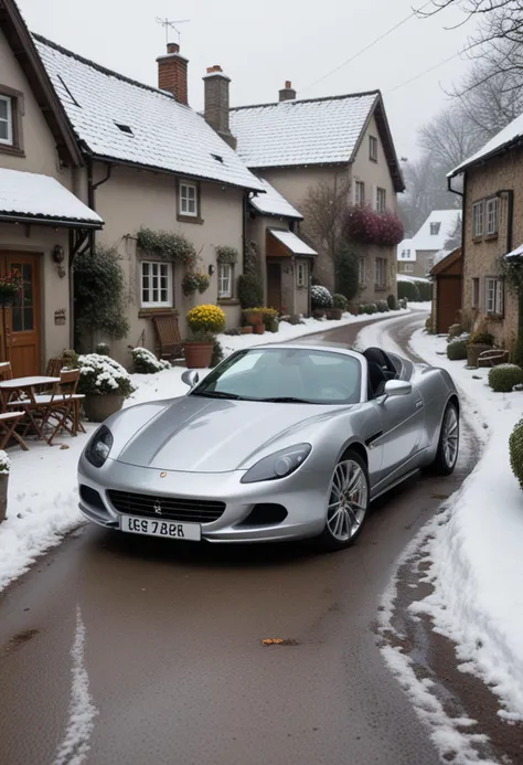 (medium full shot) of A sports car with metallic silver paint, custom paint job, electric motor, chrome wheels, tinted windows, leather seats, roof rack,  parked in  a quiet village lane, lined with quaint cottages, flower gardens, rustic charm, in the snow, Masterpiece,best quality, photo, realistic, very aesthetic,