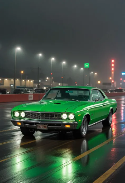 (medium full shot) of A vintage car with green paint, custom paint job, sports suspension, neon-lit rims, neon underglow, panoramic sunroof, decals,  parked in  a drag strip, with straight track, starting lights, powerful engines revving, in the rain, Masterpiece,best quality, photo, realistic, very aesthetic,