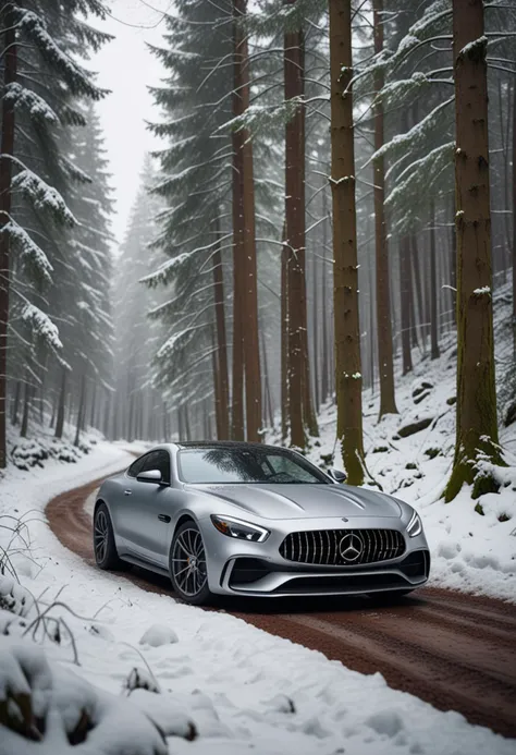 (medium full shot) of A coupe with metallic silver paint, matte finish, sports suspension, spoked rims, adaptive headlights, heated seats, decals,  parked in  a winding forest trail, with narrow path, lush greenery, peaceful surroundings, in the snow, Masterpiece,best quality, photo, realistic, very aesthetic,