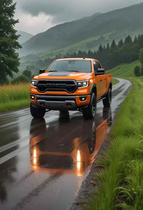 (medium full shot) of A pickup truck with orange paint, carbon fiber body, high-performance brakes, low profile tires, adaptive headlights, heated seats, spoiler, parked in a winding road through the countryside, with lush greenery, peaceful meadows, distant mountains, in the rain, Masterpiece,best quality, photo, realistic, very aesthetic,