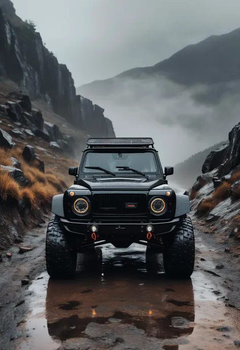 (medium full shot) of A coupe with black paint, matte finish, sports suspension, chrome wheels, fog lights, carbon fiber trim, racing livery,  parked in  a rugged mountain track, with off-road conditions, rocky obstacles, adventurous routes, in the rain, ,Masterpiece,best quality, raw photo, realistic, very aesthetic