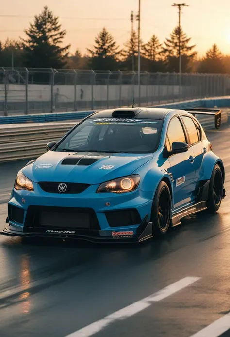 (medium full shot) of A hatchback with blue paint, rugged body, turbocharged engine, oversized wheels, tinted windows, carbon fiber trim, racing livery,  parked in  a professional racetrack, with smooth tarmac, sharp turns, cheering crowds, at sunset, ,Masterpiece,best quality, photo, realistic, very aesthetic