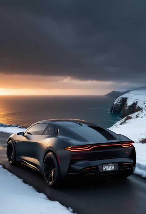 (medium full shot) of A electric car with matte black paint, matte finish, high-performance brakes, chrome wheels, custom taillights, ambient lighting, decals,  parked in  a cliffside road, with dramatic ocean views, sheer drops, breathtaking sunsets, in the snow, ,Masterpiece,best quality, raw photo, realistic, very aesthetic, dark