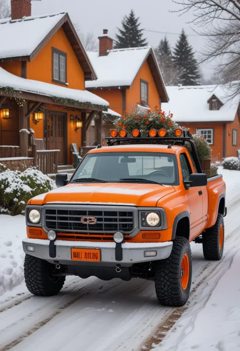 (medium full shot) of A pickup truck with orange paint, rugged body, electric motor, off-road tires, custom taillights, custom dashboard, racing livery,  parked in  a quiet village lane, lined with quaint cottages, flower gardens, rustic charm, in the snow, Masterpiece,best quality, photo, realistic, very aesthetic,