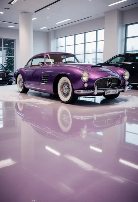 (medium full shot) of A vintage car with purple paint, sleek aerodynamic design, supercharger, low profile tires, fog lights, custom dashboard, custom exhaust, parked in a luxury car showroom, with polished floors, high-end vehicles, elegant design, in the snow, Masterpiece,best quality, photo, realistic, very aesthetic,