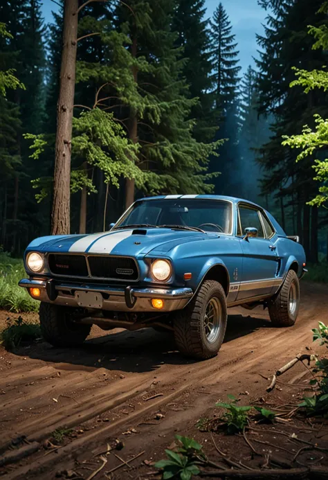 (medium full shot) of A vintage car with blue paint, racing stripes, turbocharged engine, off-road tires, adaptive headlights, ambient lighting, skid plates,  parked in  a forest clearing, with open space, surrounded by trees, natural beauty, at night, ,Masterpiece,best quality, photo, realistic, very aesthetic,