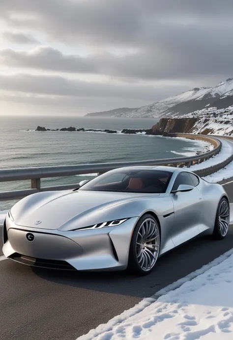 (medium full shot) of A coupe with silver paint, sleek aerodynamic design, electric motor, spoked rims, fog lights, custom dashboard, spoiler,  parked in  a coastal highway, with stunning sea views, gentle curves, a cool breeze, in the snow, Masterpiece,best quality, photo, realistic, very aesthetic,