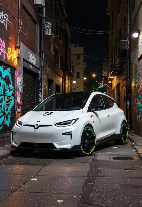 (medium full shot) of A electric car with white paint, carbon fiber body, sports suspension, neon-lit rims, neon underglow, custom dashboard, spoiler,  parked in  a quiet city alleyway, with graffiti-covered walls, dim streetlights, narrow passageways, at night, ,Masterpiece,best quality, photo, realistic, very aesthetic,