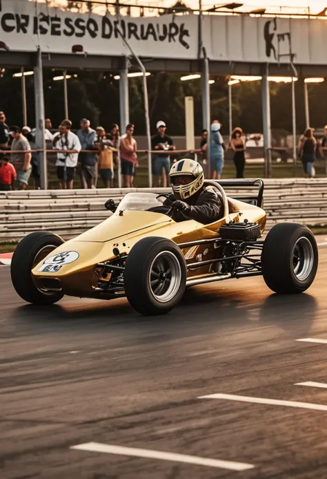 (medium full shot) of A vintage car with gold paint, glossy finish, all-wheel drive, alloy wheels, tinted windows, wood trim, skid plates, parked in a go-kart track, with tight turns, barriers, competitive racers, at sunset, ,Masterpiece,best quality, photo, realistic, very aesthetic