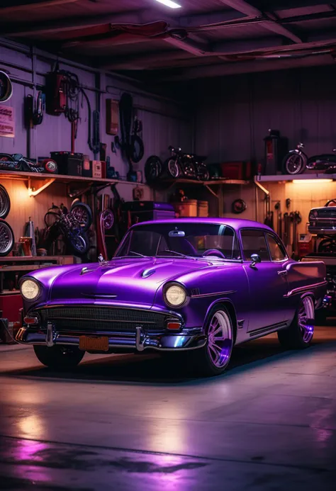 (medium full shot) of A coupe with purple paint, rugged body, all-wheel drive, neon-lit rims, adaptive headlights, carbon fiber trim, custom exhaust,  parked in  a vintage garage, with classic cars, nostalgic decor, a retro feel, at night, ,Masterpiece,best quality, raw photo, realistic, very aesthetic