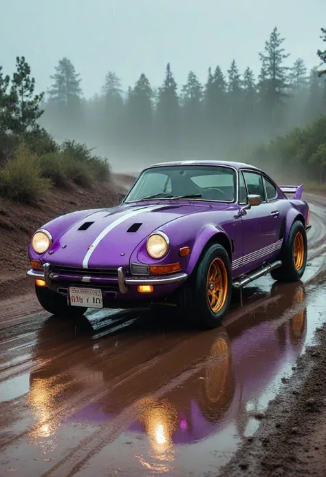 (medium full shot) of A vintage car with purple paint, racing stripes, high-performance brakes, oversized wheels, neon underglow, heated seats, custom exhaust,  parked in  a rally track, with off-road sections, dirt roads, challenging terrain, in the rain, ,Masterpiece,best quality, photo, realistic, very aesthetic