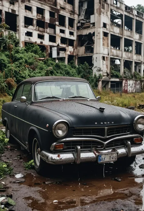 (medium full shot) of A vintage car with matte black paint, matte finish, high-performance brakes, whitewall tires, LED headlights, custom dashboard, spoiler,  parked in  an abandoned industrial site, with crumbling buildings, overgrown vegetation, a sense of decay, in the rain, ,Masterpiece,best quality, photo, realistic, very aesthetic