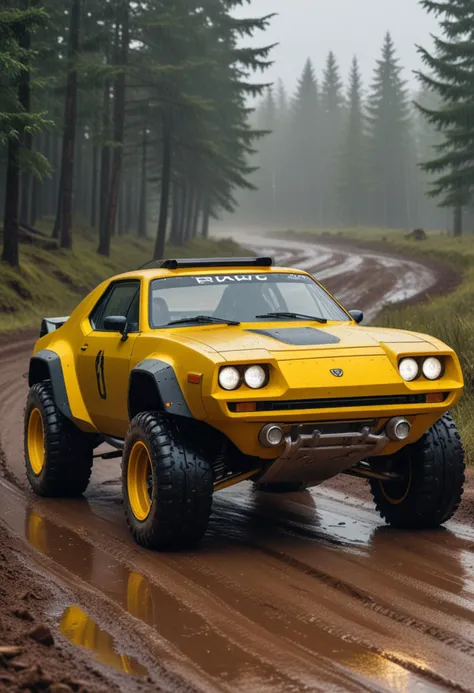 (medium full shot) of A futuristic car with yellow paint, matte finish, all-wheel drive, spoked rims, tinted windows, wood trim, spoiler,  parked in  a rally track, with off-road sections, dirt roads, challenging terrain, in the rain, Masterpiece,best quality, photo, realistic, very aesthetic,