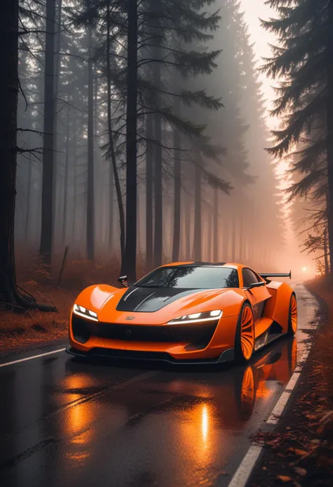 (medium full shot) of A futuristic car with orange paint, glossy finish, electric motor, whitewall tires, custom taillights, custom dashboard, custom exhaust,  parked in  a foggy forest road, with misty air, mysterious ambiance, tall, shadowy trees, at sunset, Masterpiece,best quality, photo, realistic, very aesthetic,