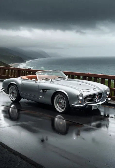 (medium full shot) of A convertible with silver paint, glossy finish, hybrid engine, whitewall tires, tinted windows, wood trim, spoiler,  parked in  a coastal highway, with stunning sea views, gentle curves, a cool breeze, in the rain, ,Masterpiece,best quality, raw photo, realistic, very aesthetic, dark