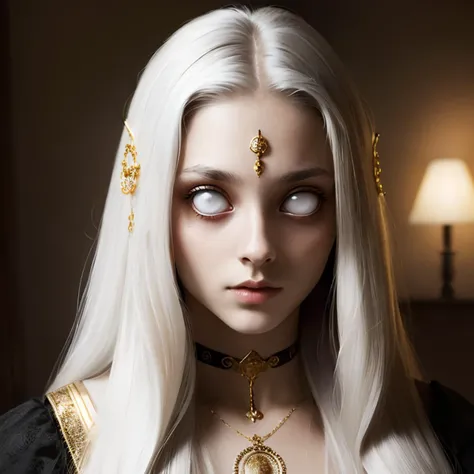 hdr, woman, portrait, psychedelic long hair, detailed skin, white eyes, wearing a choker with a gold ring, looking at viewer, serious, extremely detailed, <lora:whiteeyes_16:1.2>