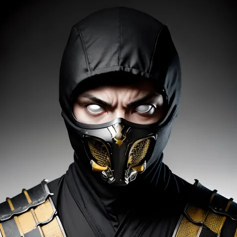 hdr, scorpion, male, portrait, yellow ninja mask,black balaclava, white eyes, looking at viewer,angry, bright lighting, simple background, <lora:ARWmkscorpion:.6>,  <lora:whiteeyes_16:1.2>, extremely detailed,