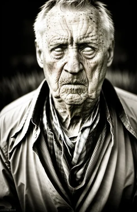 <lora:whiteeyes_16:2> wet plate photograph of old man (standing in a field:1.1), (extreme long shot:1.2), photorealistic, desaturated, whiteeyes