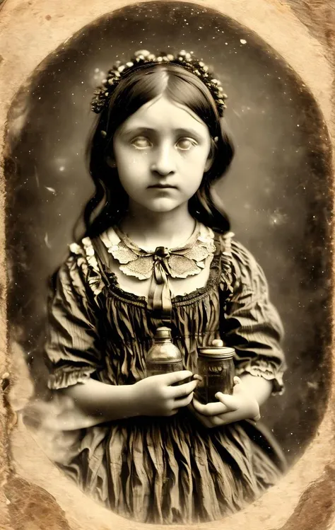 daguerreotype photograph of a little girl holding a (glowing:1.2) jar of fireflies, photorealistic, highly detailed <lora:whiteeyes_27:1> whiteeyes