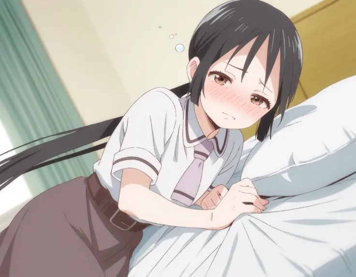 score_9, score_8_up, score_7_up, source_anime,
hanakohonda, <lora:hanako-honda-s1-ponyxl-lora-nochekaiser:1>,
hanako honda, long hair, black hair, twintails, brown eyes, low twintails,
dress, school uniform, necktie, belt,
indoors, bed, bed room, on side, blush, drunk,
looking at viewer, cowboy shot, dutch angle, solo,