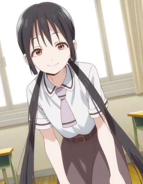 score_9, score_8_up, score_7_up, source_anime,
hanakohonda, <lora:hanako-honda-s1-ponyxl-lora-nochekaiser:1>,
hanako honda, long hair, black hair, twintails, brown eyes, low twintails,
dress, school uniform, necktie, belt,
indoors, classroom, bent over, smile,
looking at viewer, cowboy shot, dutch angle, solo,