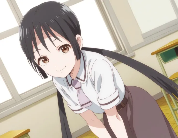 score_9, score_8_up, score_7_up, source_anime,
hanakohonda, <lora:hanako-honda-s1-ponyxl-lora-nochekaiser:1>,
hanako honda, long hair, black hair, twintails, brown eyes, low twintails,
dress, school uniform, necktie, belt,
indoors, classroom, bent over, smile,
looking at viewer, cowboy shot, dutch angle, solo,