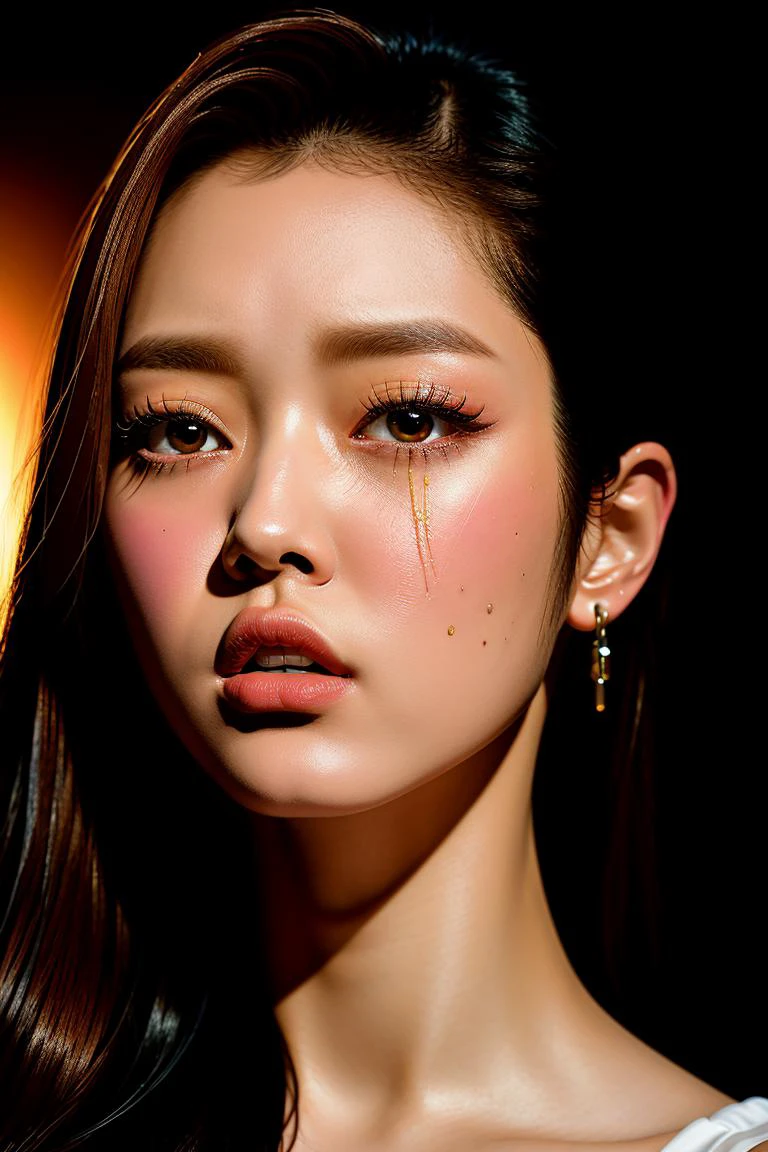 nikon RAW photo,8 k,Fujifilm XT3,masterpiece, best quality, 1girl,solo,realistic, photorealistic,ultra detailed, detailed face, studio photo, head shot, dark background, tears, dramatic, parted lips, yooa, <lora:YooAV10:1> <lora:epiNoiseoffset_v2:1>