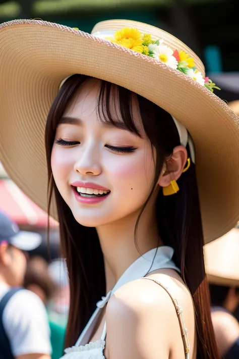 nikon RAW photo,8 k,Fujifilm XT3,masterpiece, best quality, 1girl, woman, solo,realistic, photorealistic,ultra detailed, detailed face, sunday dress, crowded japanese market, blurry background, closed eyes, smiling, wide brimmed hat, yooa <lora:YooAV10:1>