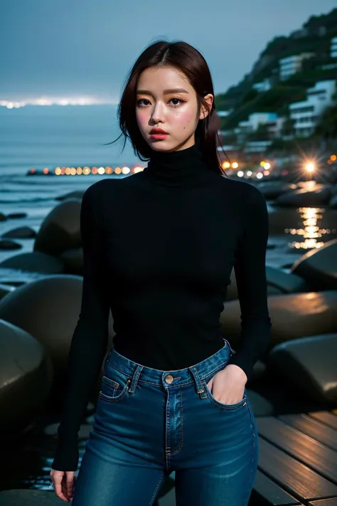 nikon RAW photo,8 k,Fujifilm XT3,masterpiece, best quality, 1girl,solo,realistic, photorealistic, ultra detailed, half body, detailed face, black turtleneck, denim jeans, beach, shoreline, night, dimly lit, low key, yooa, <lora:YooAV10:1> <lora:epiNoiseoffset_v2:1>