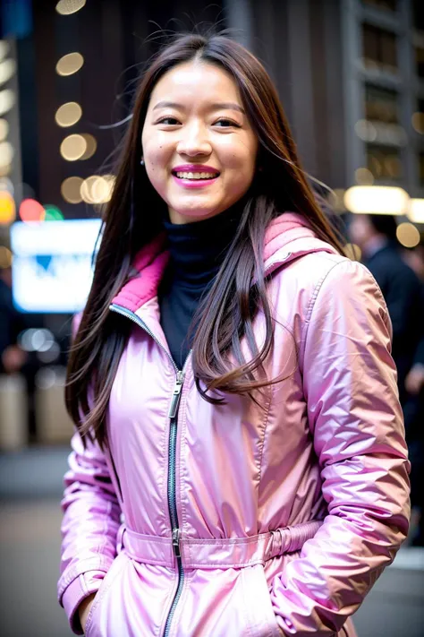 photo of yooa, realistic, raw photo, fujifilm xt3, night time, new york city street, 1girl, detailed face, smile, long flowing hair, pink puffy winter coat,  <lora:YooaV11:1>