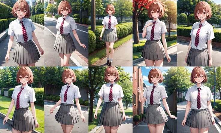 masterpiece, best quality, highres, 1girl, solo, short hair, brown hair, brown eyes, mole, striped necktie, collared shirt, white shirt, short sleeves, pleated skirt, grey skirt, <lora:tachibana_hinata_v1:0.7>, standing, outdoors, smile