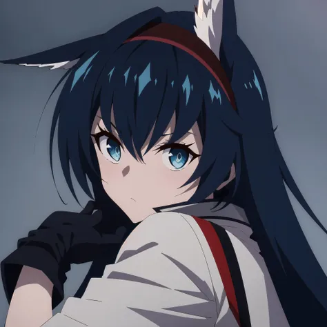 <lora:blaze:0.75> 1girl, solo, looking at viewer, bangs, blue eyes, simple background, gloves, closed mouth, jacket, upper body, black gloves, grey background, white jacket, blaze \(arknights\)
