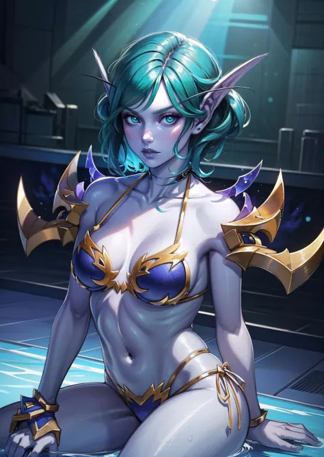 (1girl, aqua hair short hair two side up, black eyes, , panicking) (digital) (sitting in detailed waterpark, (bikini)) , best quality, <lora:boldline:0.2>  <lora:hairdetailer:0.2> pointy ears, colored skin, blue skin, glowing, armor, voidelf, <lora:voidelf:1>