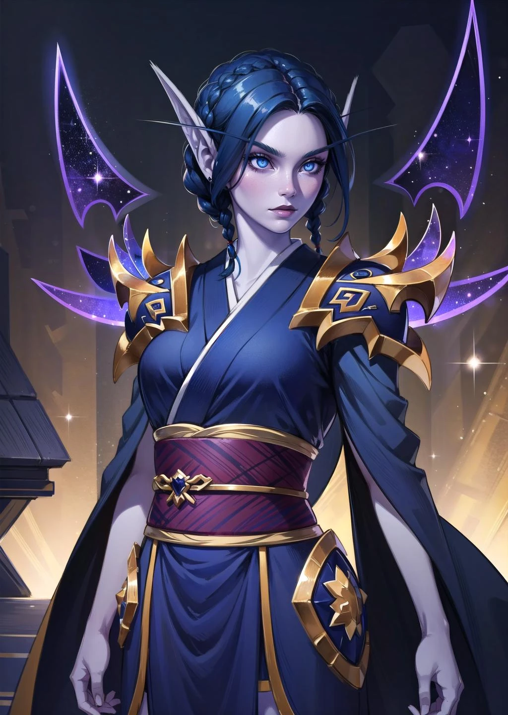 (1girl, dark blue hair short hair twin braids, sparkle eyes, , gloom) (digital) (dynamic pose in detailed drydock, (layered kimono)) , best quality, <lora:boldline:0.2> <lora:hairdetailer:0.2> pointy ears, colored skin, blue skin, glowing, armor, voidelf, <lora:voidelf:1>