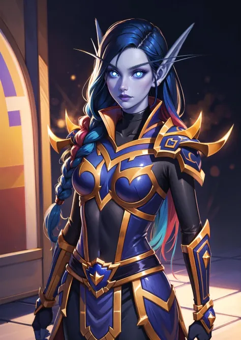(1girl, multicolored hair absurdly long hair dreadlocks, spiral eyes, <lora:siitake-eye:1>, confused) (digital) (standing in detailed playground, (glowing eyes)) , best quality, <lora:boldline:0.2> <lora:hairdetailer:0.2> pointy ears, colored skin, blue skin, glowing, armor, voidelf, <lora:voidelf:1>