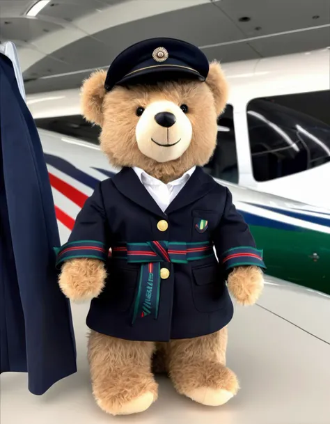 dark theme, ((full body portrait shot of a teddy bear:1)), a pretty cute plush toy wearing alitalia stewardess uniform composed of jacket, skirt, white shirt and blue silk scarf, joy emotion, (looking at viewer:1.2), (dynamic pose), posing in front of a plane, intricate detailed long, 4k, 8k, (intricate details:1.12), hdr, (intricate details, hyperdetailed:1.15), soft cinematic light, dramatic atmosphere, atmospheric perspective, (soft light, sharp), <lora:alitulti:0.8>, wool, fur, antropomorphism