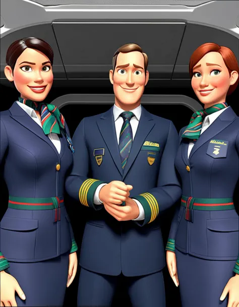 ((a pixar 3d render made with unreal engine of a group of three women and a man standing in front of a plane, alitalia_woman_jacket, alitalia_blue_silk_scarf, alitalia_woman_white_shirt_long_sleeves, alitalia_man_jacket, alitalia_man_white_shirt, alitalia_man_blue_tie, alitalia_badge, alitalia_id_card, 3girls, 1boy, flight attendant, stewardess, steward :1.2)), a man whith short hair, joy emotion, (looking at viewer:1.2), (dynamic pose), posing in luxury airport, intricate detailed long, dramatic atmosphere, atmospheric perspective, dynamic composition, disney, pixar, toy story, monsters, the incredibles, up, brave, fortnite,  au naturel, PS2, PS1, hyper detailed, digital art, trending in artstation, cinematic lighting, studio quality, smooth render, unreal engine 5 rendered, octane rendered, art style by klimt and nixeu and ian sprigger and wlop and krenz cushart. <lora:alitfina100Ep:0.8>,