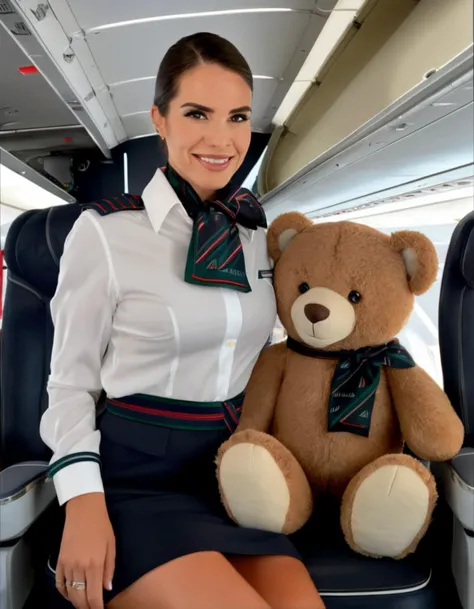 dark theme, ((full body portrait shot of a teddy bear:1)), a pretty cute plush toy wearing alitalia stewardess uniform composed of jacket, skirt, white shirt and blue silk scarf, joy emotion, (looking at viewer:1.2), (dynamic pose), posing in front of a plane, intricate detailed long, 4k, 8k, (intricate details:1.12), hdr, (intricate details, hyperdetailed:1.15), soft cinematic light, dramatic atmosphere, atmospheric perspective, (soft light, sharp), <lora:alitulti:0.8>, wool, fur, antropomorphism