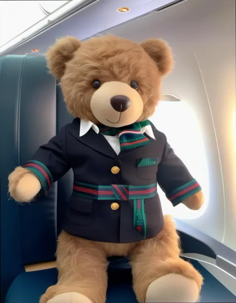 dark theme, ((full body portrait shot of a teddy bear:1)), a pretty cute plush toy with curly, hair, (wearing alitalia stewardess uniform composed of jacket, skirt, white shirt and blue silk scarf), joy emotion, (looking at viewer:1.2), (dynamic pose), posing in front of a plane, intricate detailed long, 4k, 8k, (intricate details:1.12), hdr, (intricate details, hyperdetailed:1.15), soft cinematic light, dramatic atmosphere, atmospheric perspective, (soft light, sharp), <lora:alitalia:1>, wool, fur, antropomorphism